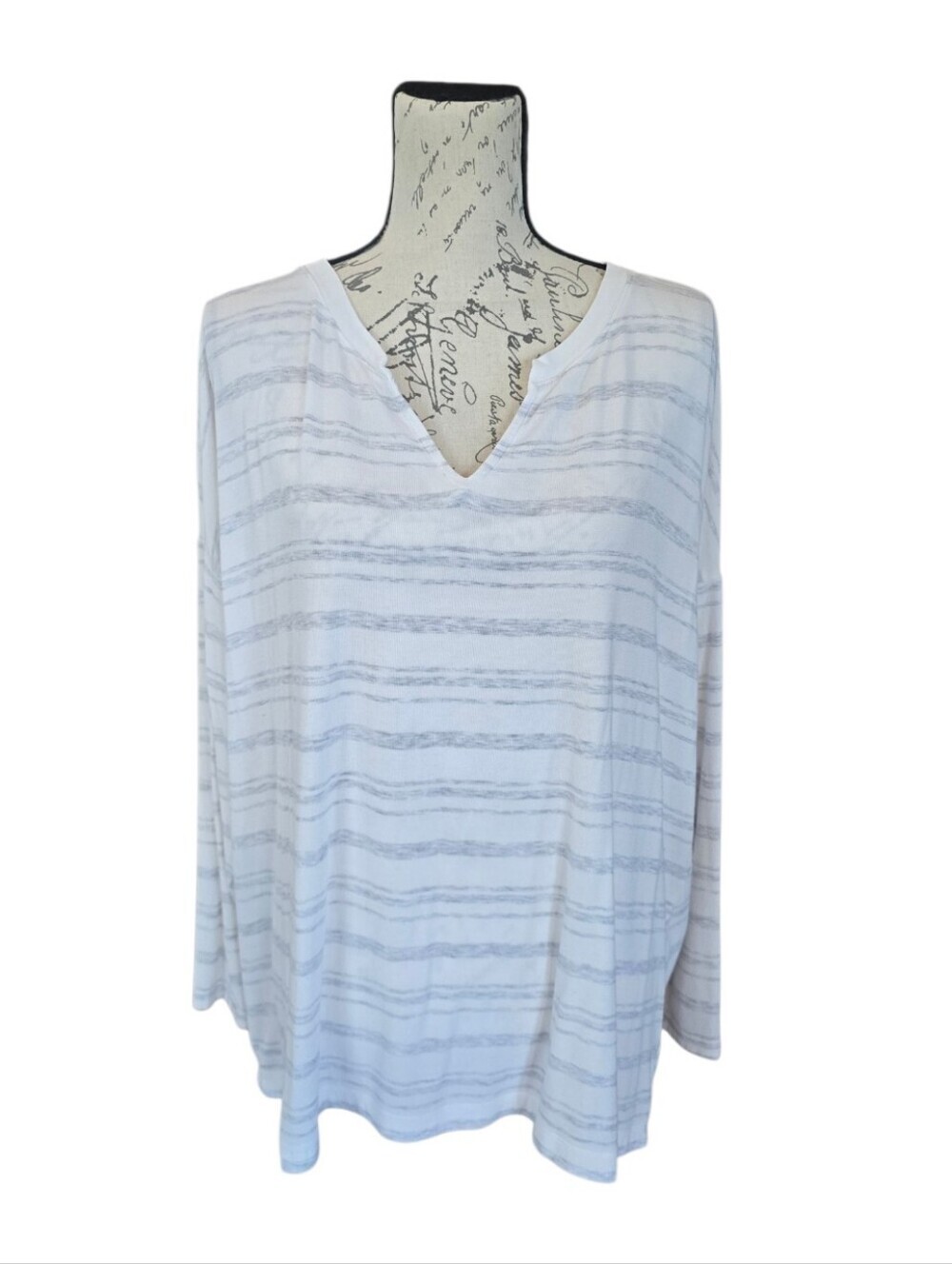 Cabi Habit Tee Heather Gray White Stripe Long Sleeve Oversized Top M